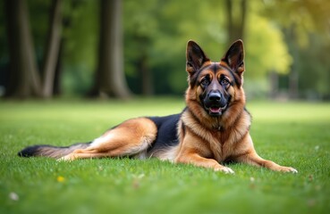 German Shepherd dog rests on green grass in park. This loyal pet looks directly at camera with friendly expression. It is a beautiful day outdoors for canine enjoyment.
