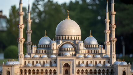 Fototapeta premium Intricate architecture of a grand mosque with domes and minarets under clear skies