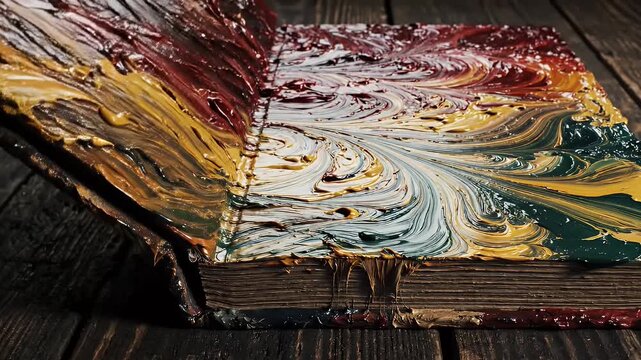 A weathered book, swathed in vibrant, swirling paint, on a dark wooden surface