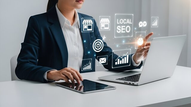 Businesswoman using laptop and tablet with local SEO strategy icons and charts, digital marketing concept, modern office workspace photography