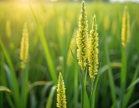 Close up view of yellow nutgrass Cyperus esculentus plant growing in a rich green rice field during golden hour sunlight. Green long leaves surround plant spikes.