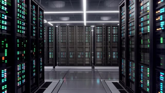 Modern data center with colorful server racks and cables