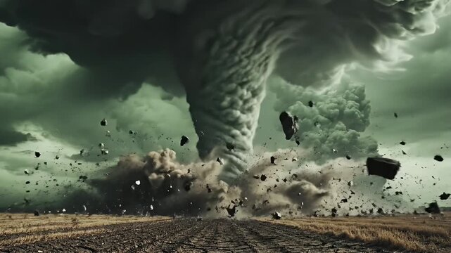 A violent tornado churns up debris over a cracked, desolate field