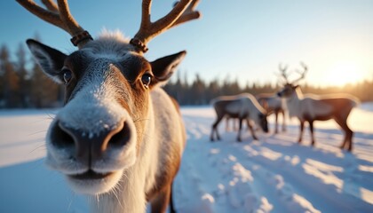 Fototapeta premium Reindeer herd grazes on snow-covered Lapland farm. Close-up of curious reindeer face. Antlers visible against bright winter sunlit sky. Forested horizon.
