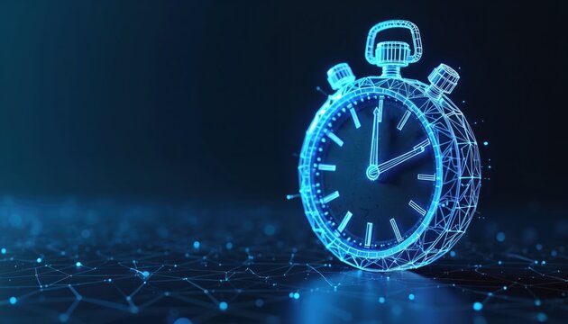 Wireframe stopwatch on dark background. Digital clock with glowing neon lines represents time management. Urgency and deadline concept for business projects and tasks.