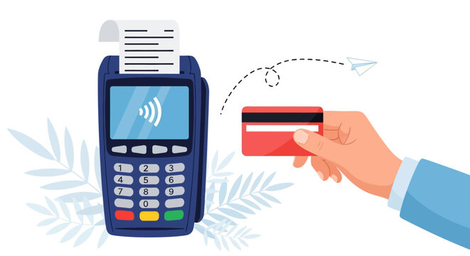 Hand holding credit card near payment terminal with receipt printer in a commercial setting