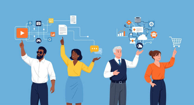 Diverse group of people interacting with digital icons and symbols representing online shopping and technology