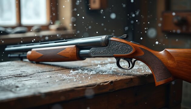 Antique double barrel shotgun rests on rustic wood table. Intricate metal engraving adorns receiver. Snow falls gently outside window. Perfect for hunting or sport.