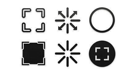 Full screen and minimize outline icon collection. Includes expand, collapse, circle, and square symbols. Created in black outline style with white background.