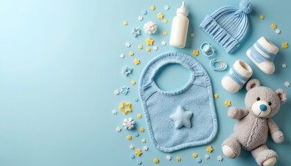 Newborn baby boy essentials lay flat including a plush bear, bib, hat, socks, and bottle. Soft blue and white items, stars scattered around, symbolize gentle care and comfort for a little one.