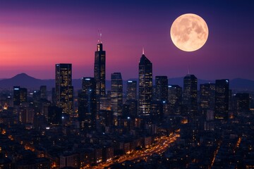 Obraz premium Aerial view of a vibrant city at night with glowing buildings under a full moon. Ideal for travel, urban planning, or fantastical themes.