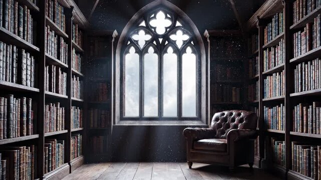 Dark Academia Gothic Library Interior with Flying Dust Particles and Magic Light
