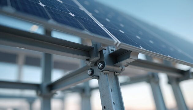 Close up of metal structure holding solar panels. Clean energy system mount supports photovoltaic plates on metal framework. Power grid tech detail.