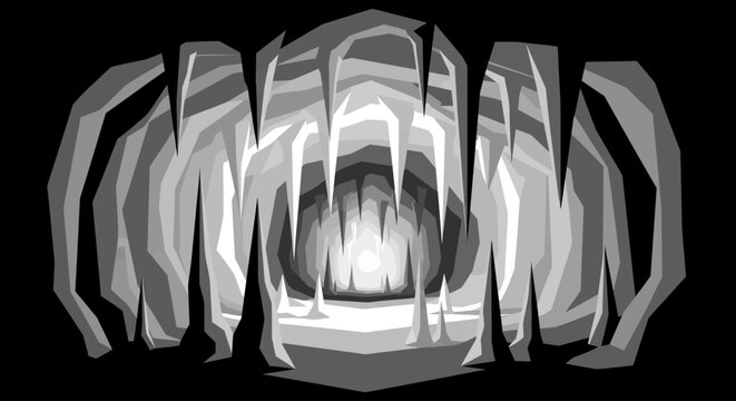 Stylized geometric illustration of a dark cave interior with stalactites.