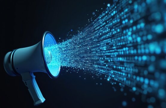 Digital megaphone emits glowing binary code stream. Concept of social media algorithms amplifying data communication information broadcast. Futuristic tech, online alert, virtual network.