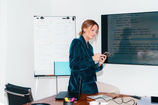Professional businesswoman using phone at the office