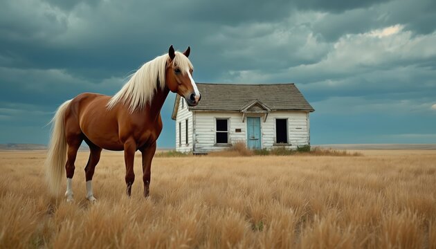 Brown horse with blonde mane stands in dry grass field near old abandoned house. Overcast sky. Rural landscape with distant horizon. Serene and peaceful atmosphere.