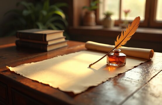 Quill pen and ink bottle rest on aged paper near stack of old books. Scroll lies on desk, bathed in warm window light. Vintage writing setup, creating story.