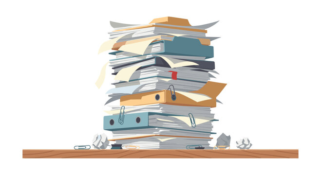 An extremely messy and disorganized tall stack of papers, binders, and folders, with crumpled balls and paperclips, sitting on a wooden desk.