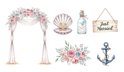 Watercolor Beach Wedding & Nautical Clipart – Seashell Rings, Anchor & Floral Arch © MdMursalin