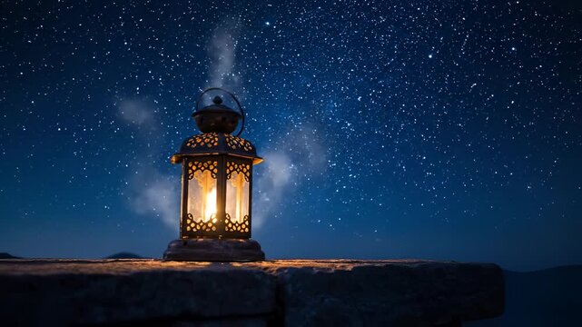 Celebrating Ramadan and Eid al-Fitr with a lantern under a starry night sky on a rooftop with smoke rising slowly