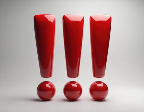 Three bright red exclamation points stand on white background. Shiny glossy punctuation marks signify urgency, importance, or caution. Simple clean graphic element for alerts.