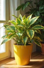 Fototapeta premium Variegated green and yellow leaves on indoor plant. Potted houseplant on wooden surface near window. Home decor with natural green foliage in yellow pot.