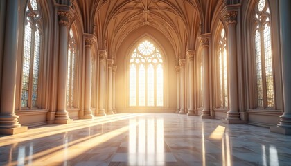 Obraz premium Grand gothic hall interior with tall arched windows casting sun light on marble floor. Elegant columns and ornate ceiling create a majestic atmosphere. This space feels majestic and sacred for events.