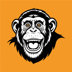 Obraz premium Smiling chimpanzee face with open mouth and visible teeth on orange background.