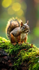 Obraz premium Squirrel with sunlit fur sits atop a mossy branch, a blurred, green forest behind