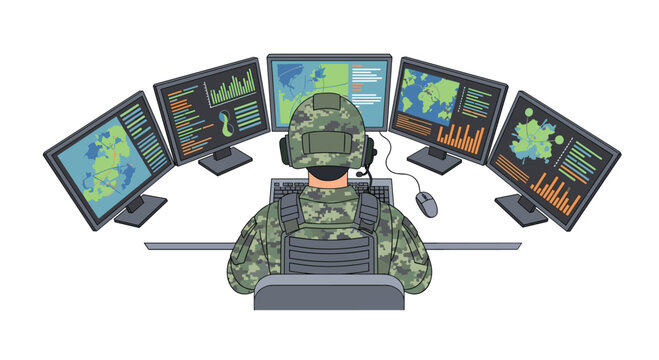 A soldier in full camouflage uniform and helmet sits at a desk, facing away from the viewer, surrounded by five computer monitors displaying maps and data.