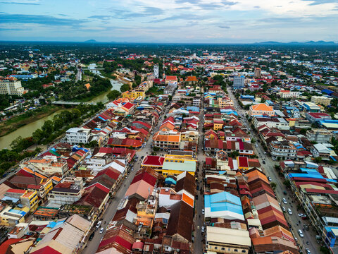 Colorful urban rooftops along the river in Battambang city