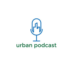 Creative urban podcast logo featuring a blue line art microphone silhouette containing a city skyline