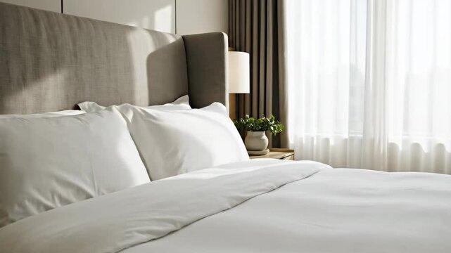 Luxury hotel room interior featuring a comfortable bed with elegant pillows, soft bedding, and stylish furniture illuminated by a bedside lamp against a modern wall design