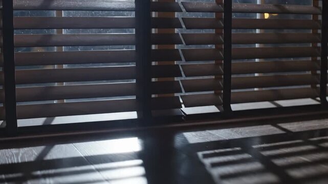 A close up of a laptop and computer keyboard reveals a sleek metal design reflecting interior light through office window blinds against a textured wood pattern
