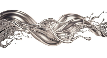 Dynamic Silver Metallic Liquid Splash Flowing Wave Isolated White Background