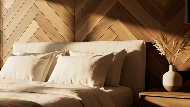 Sebuah tempat tidur hotel mewah dengan bantal empuk dan linen putih di dalam desain interior kamar tidur apartemen yang nyaman serta dekorasi pedalaman kayu yang estetik