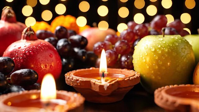 Dekorasi lilin Natal merah menyala di atas meja kayu dengan cahaya lampu emas dan ornamen bola musim dingin menciptakan suasana perayaan hari libur yang hangat tanpa siapa pun