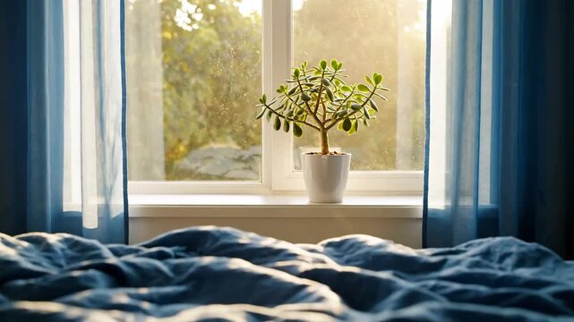 Desain interior kamar tidur mewah yang nyaman dengan tempat tidur empuk dan bantal dekorasi di samping jendela besar dengan tirai elegan yang menampilkan pemandangan indah dari dalam rumah