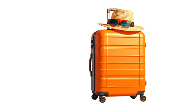 Orange travel suitcase with hat and sunglasses, against black background