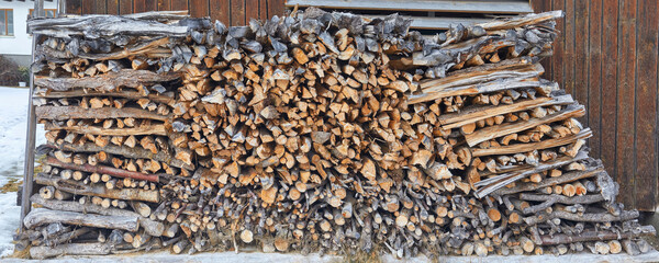 Beautiful rustic firewood stack, close-up.