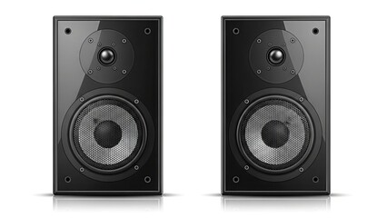 Fototapeta premium Pair of Black Glossy Hi-Fi Stereo Speakers, Front View, Isolated on White Background, Audio Equipment for Music Listening and Home Entertainment