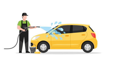 Naklejka premium Man Washing Yellow Car with Power Washer.