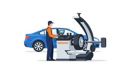 Naklejka premium Mechanic Inspecting Car on Hydraulic Lift.