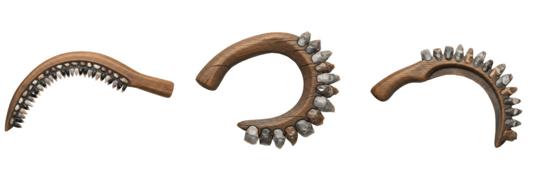 Wooden sickle with stone teeth, prehistoric harvesting tool, Neolithic and Paleolithic cereal cutter, early human agricultural implement, primitive wooden and flint sickle, archaeological artifact