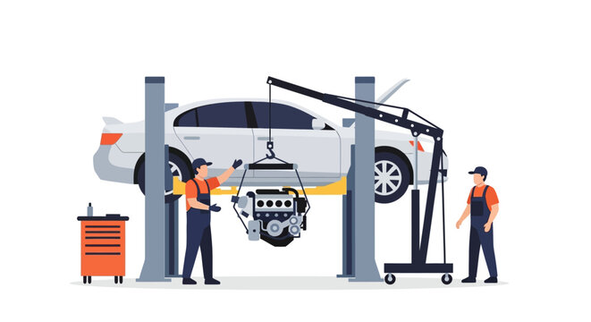 Mechanic Inspecting Car on Lift in Garage.