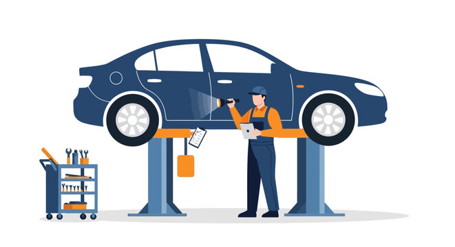 Mechanic Inspecting Car on Lift in Garage.