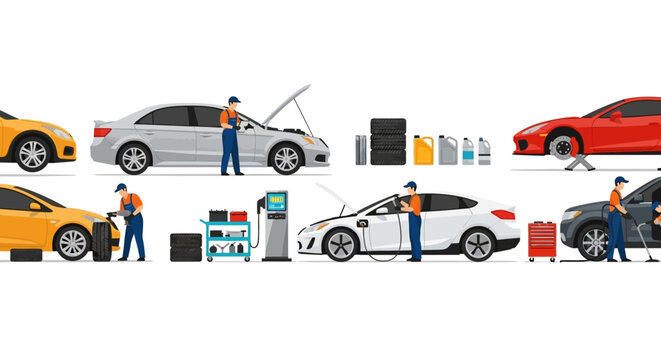 Mechanic Servicing Cars at Gas Station.