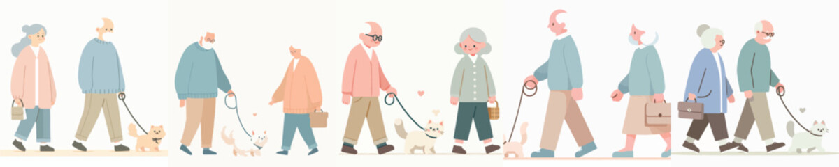 Fototapeta premium A Elderly Person Walking a Cat Vector Illustration