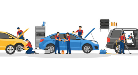 Fototapeta premium Mechanics Working on Cars in Garage.